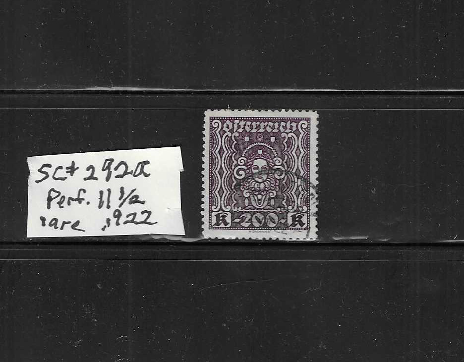 AUSTRIA 1922 rare Perf. 11 1/2 a  stamp - SC# 292a 200k dark violet Used  H  A3