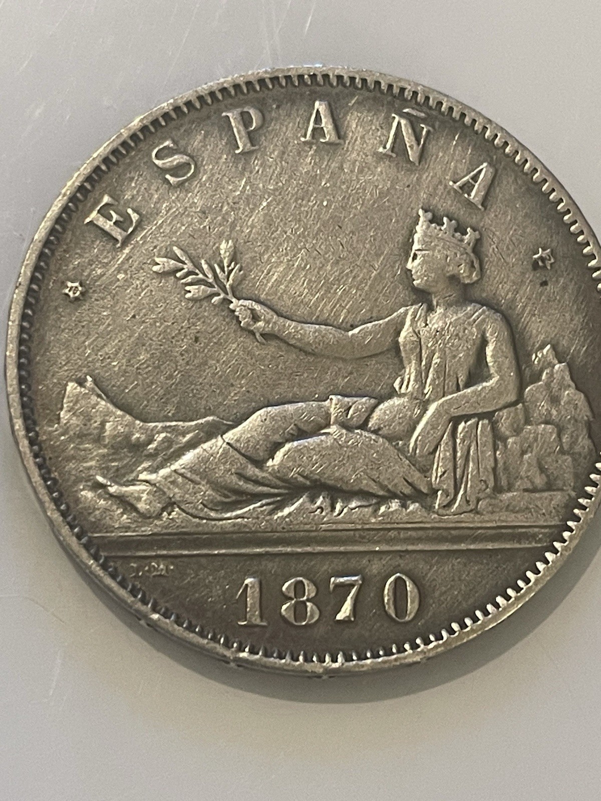 1870 Spain 5 Pesetas Silver Coin Provisional Govt Seated Hispania Crown Crowned
