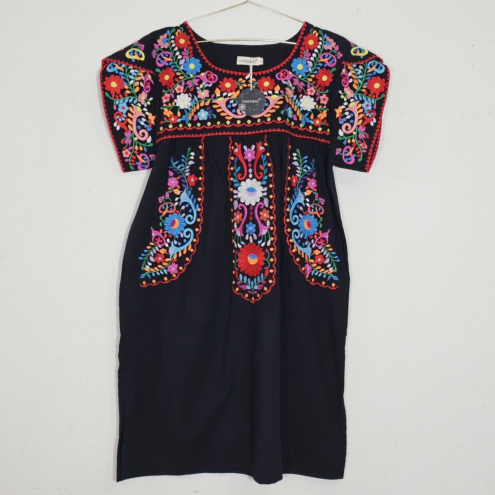 YZXDORWJ Mexican Embroidered Women\'s Dress Sz S Cap Sleeve Boho Black Oversize YZXDORWJ Mexican Embroidered Women\'s Dress Sz S Cap Sleeve Boho Black Oversize