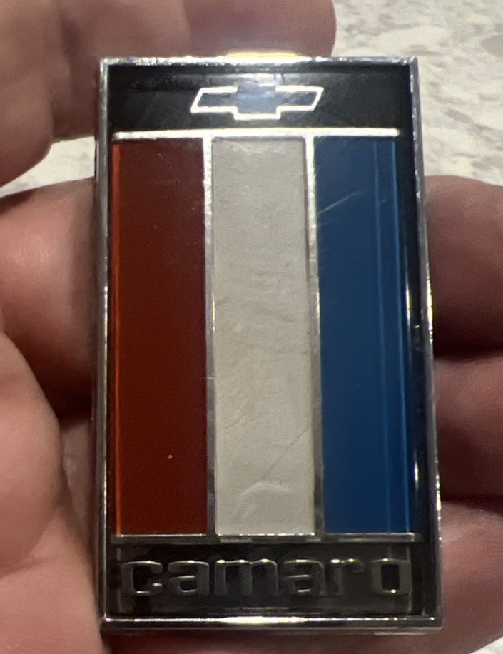 Vintage 1975-1977 Camaro Header Panel Emblem Camaro Red White Blue Bars Preowned Vintage 1975-1977 Camaro Header Panel Emblem Camaro Red White Blue Bars Preowned