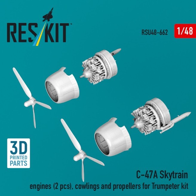 Reskit RSU48-0662 1:48 C-47A Skytrain engines (2 pcs), cowlings and propellers