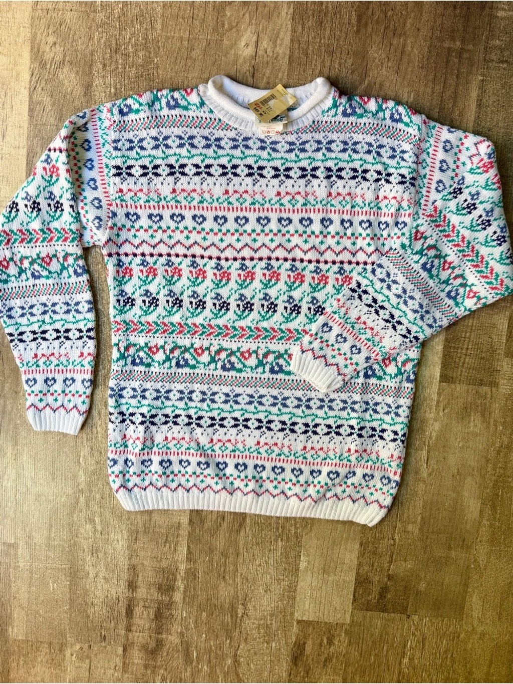 Vintage Pastel Fair Isle Knit Sweater White Hearts Flowers Teal Pink Vintage Pastel Fair Isle Knit Sweater White Hearts Flowers Teal Pink