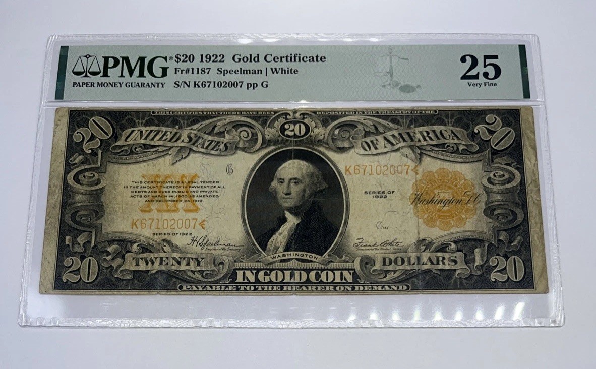 1922 $20 GOLD CERTIFICATES FR# 1187 GRADED BY PMG 25 VERY FINE SPEELMAN/WHITE 1922 $20 GOLD CERTIFICATES FR# 1187 GRADED BY PMG 25 VERY FINE SPEELMAN/WHITE