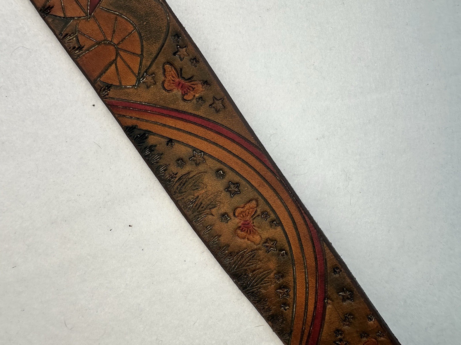 Vintage 70s Tooled Leather Belt Hand Painted Mushrooms Rainbow Butterflies Stars