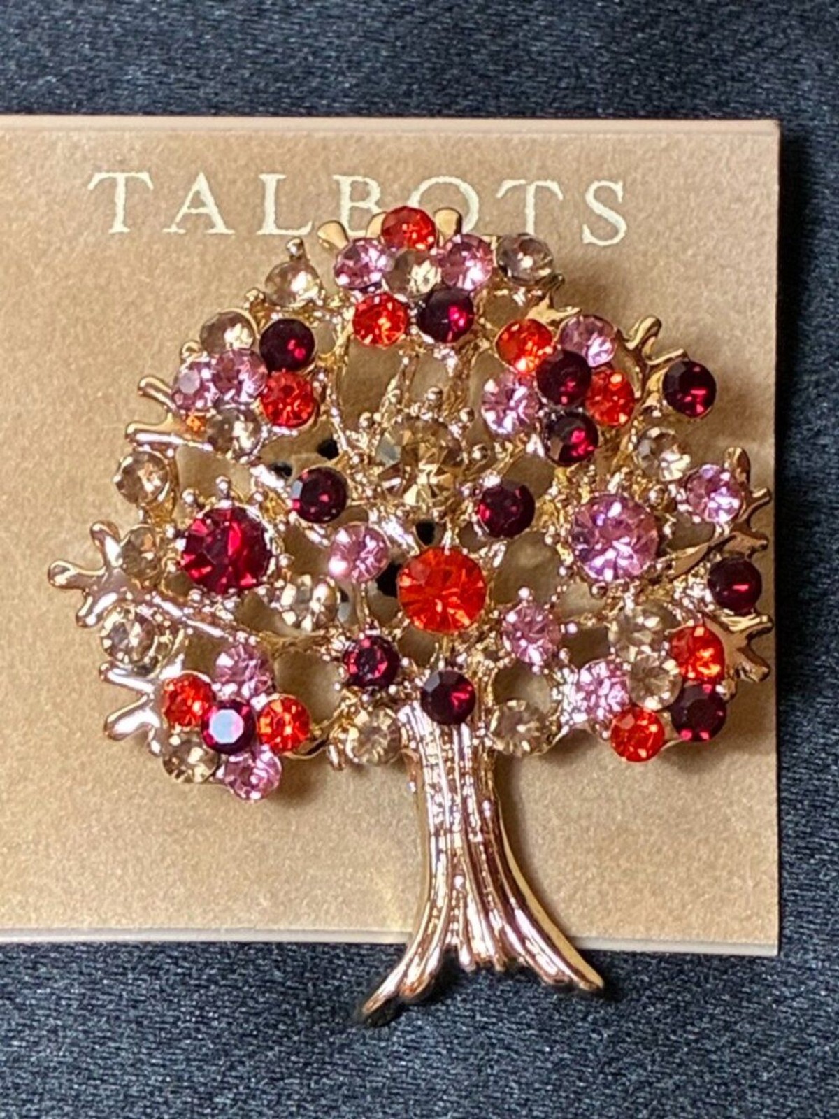 NWT Talbots Tree of Life Rhinestone Brooch Gold Tone Red Pink Fall Statement Pin