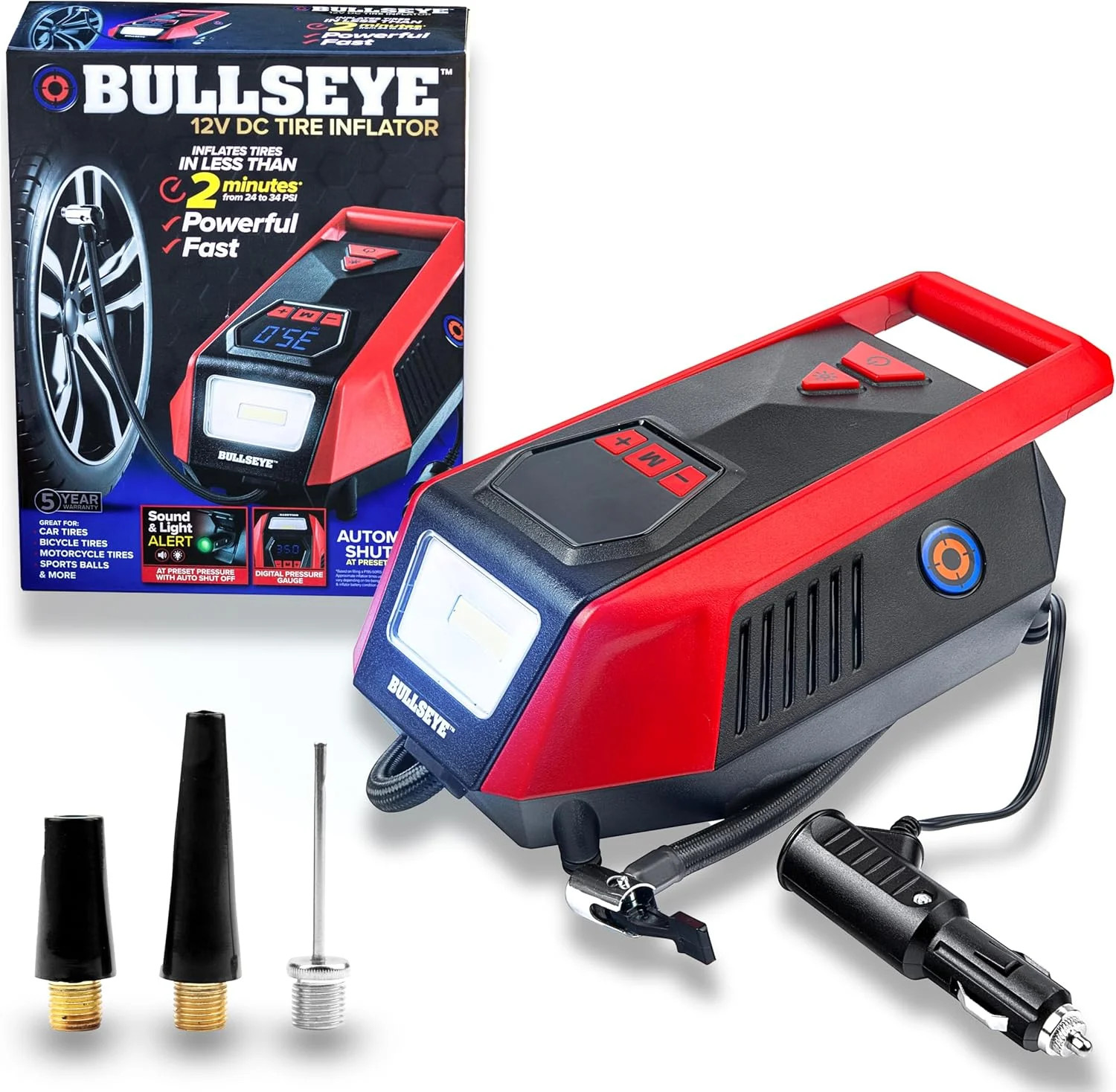 Bullseye Tire Inflator 150 PSI Portable Air Compressor 12V DC Digital Gauge