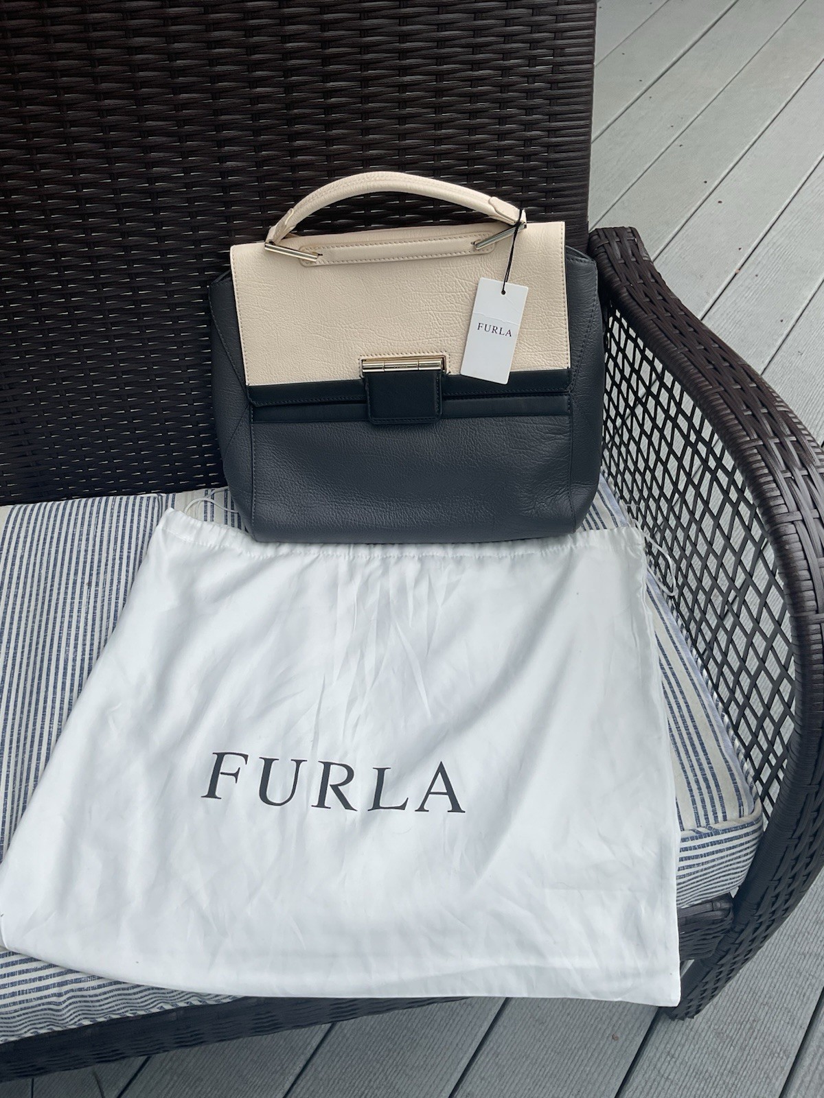 FURLA 2 Toned Leather Handbag NWT( Black & Cream) Artesia M Top Handle FURLA 2 Toned Leather Handbag NWT( Black & Cream) Artesia M Top Handle