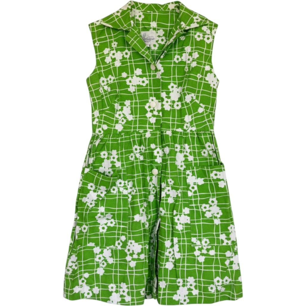 Junior Loungees Dress Womens 5 Green Floral Mod 60s 70s Vintage Cotton Pockets