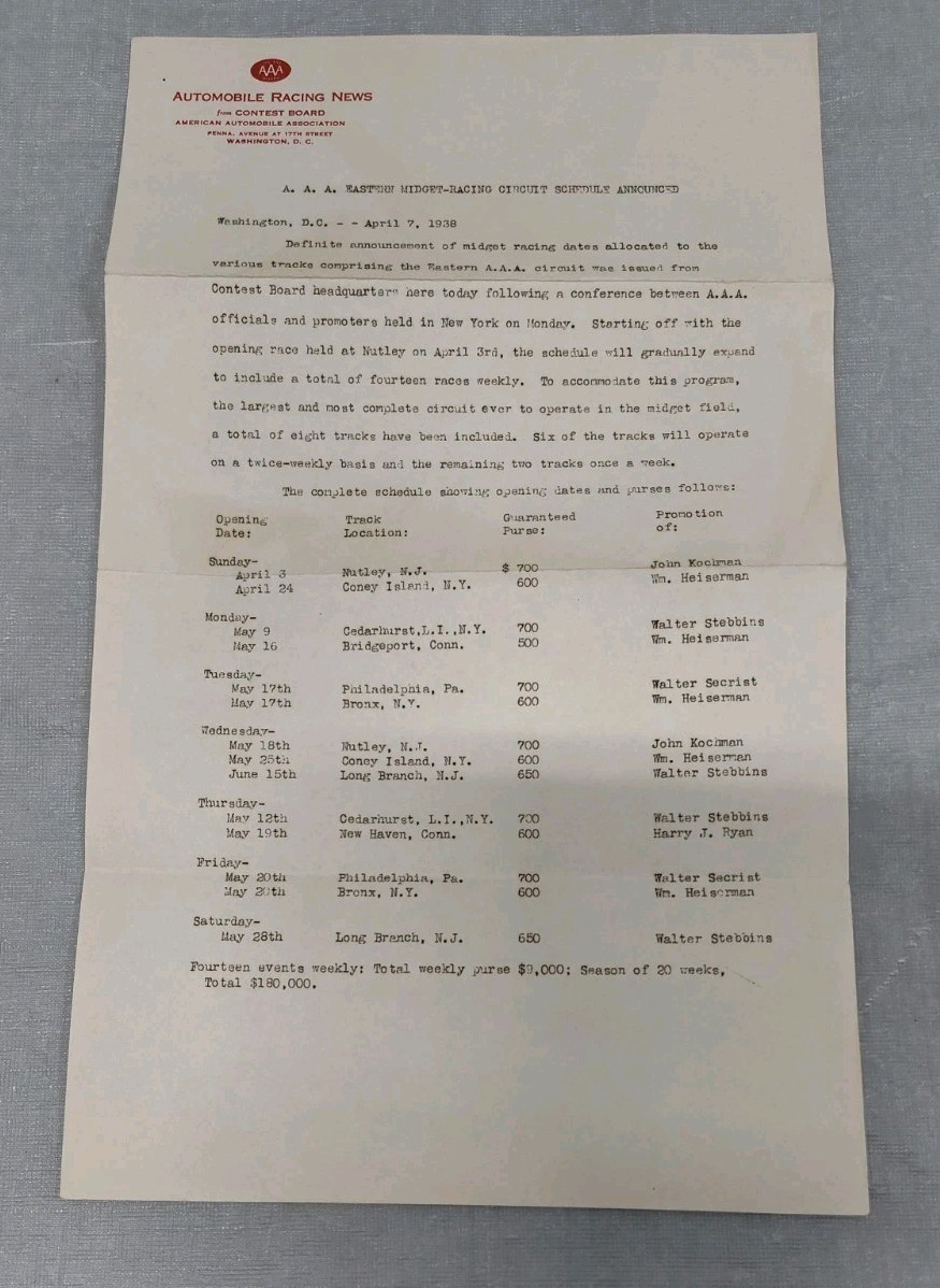 Vintage Original AAA Midget Auto Racing 1938 Eastern Schedule Letter Nutley, NJ