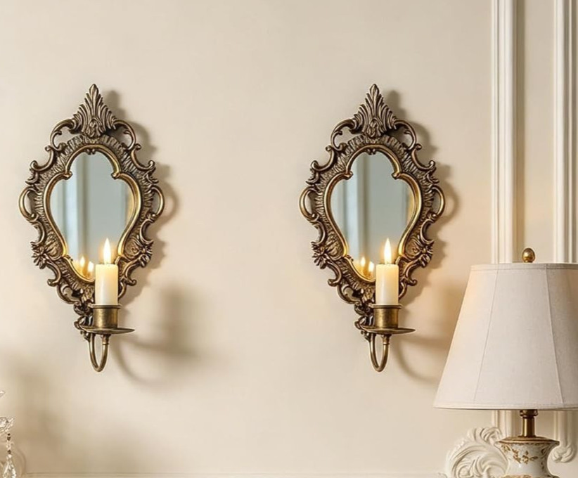 2 Antique Brass Ornate Metal Baroque Style Mirrored Wall Sconce Candle Holder