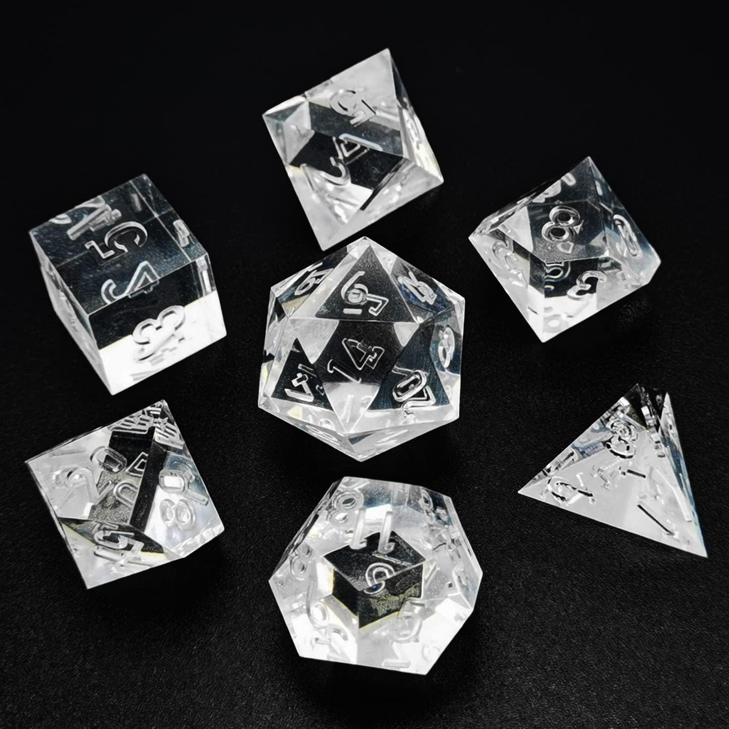 Bescon Crystal Clear (Unpainted) Sharp Edge DND Dice Set of 7, Razor Edged Polyh Bescon Crystal Clear (Unpainted) Sharp Edge DND Dice Set of 7, Razor Edged Polyh