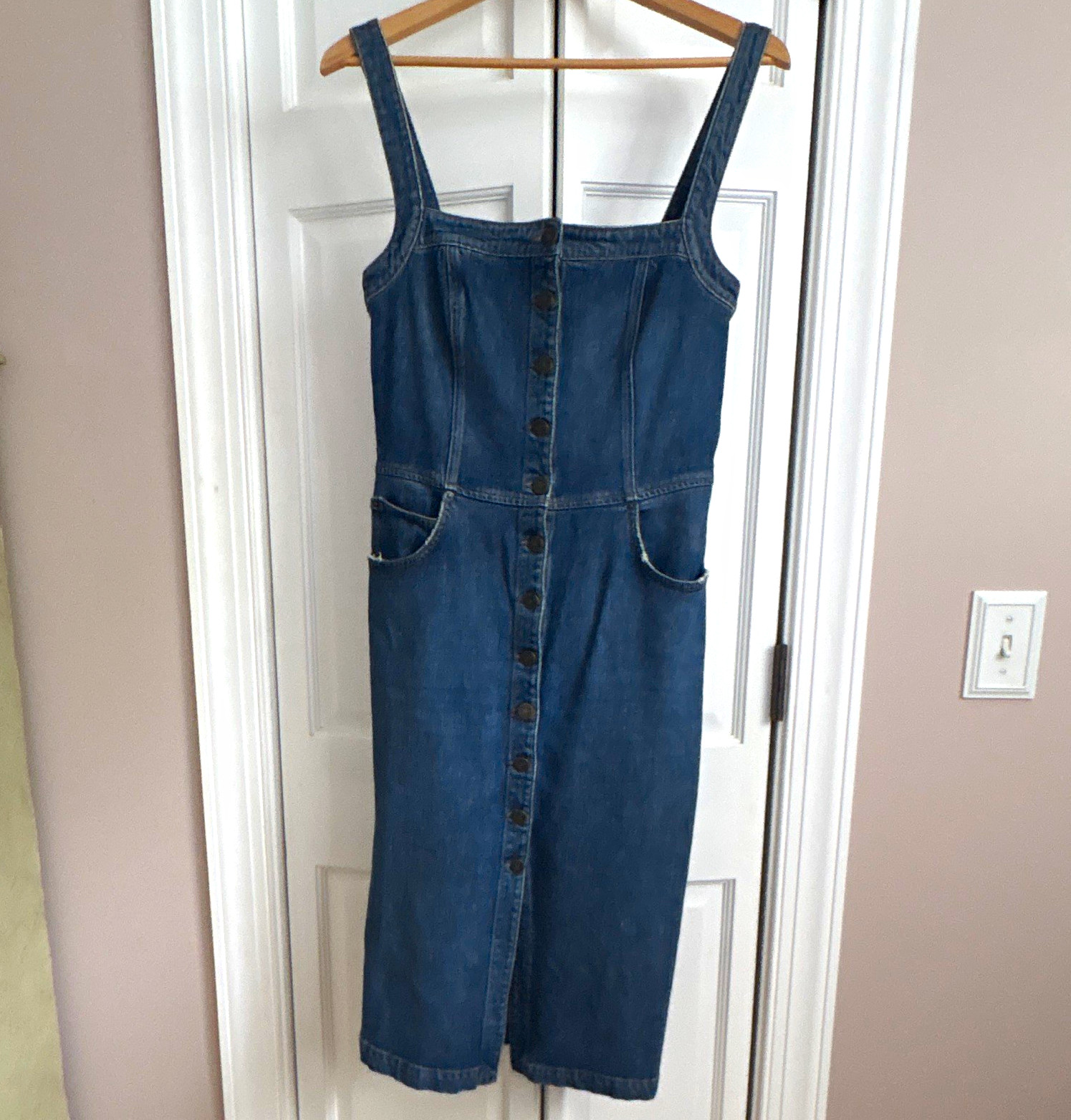 Reformation Blue Denim Button Front Square Neck Midi Dress Pockets. Size 6 Reformation Blue Denim Button Front Square Neck Midi Dress Pockets. Size 6