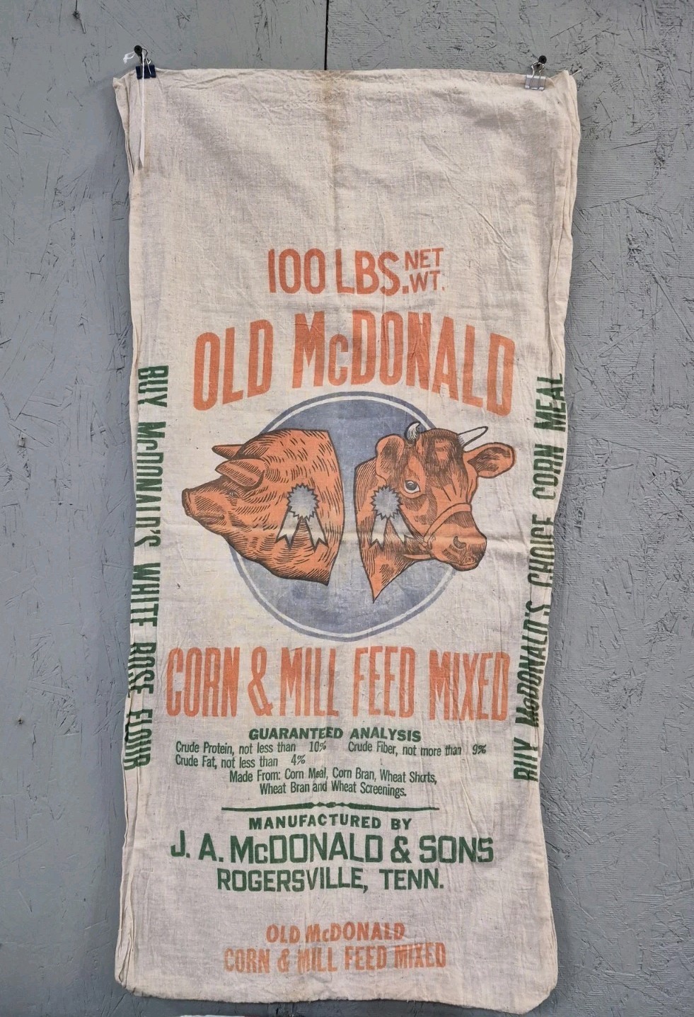 Vintage J.A. McDonald & Sons OLD MCDONALD  100lb Cloth Feedsack Rogersville  TN