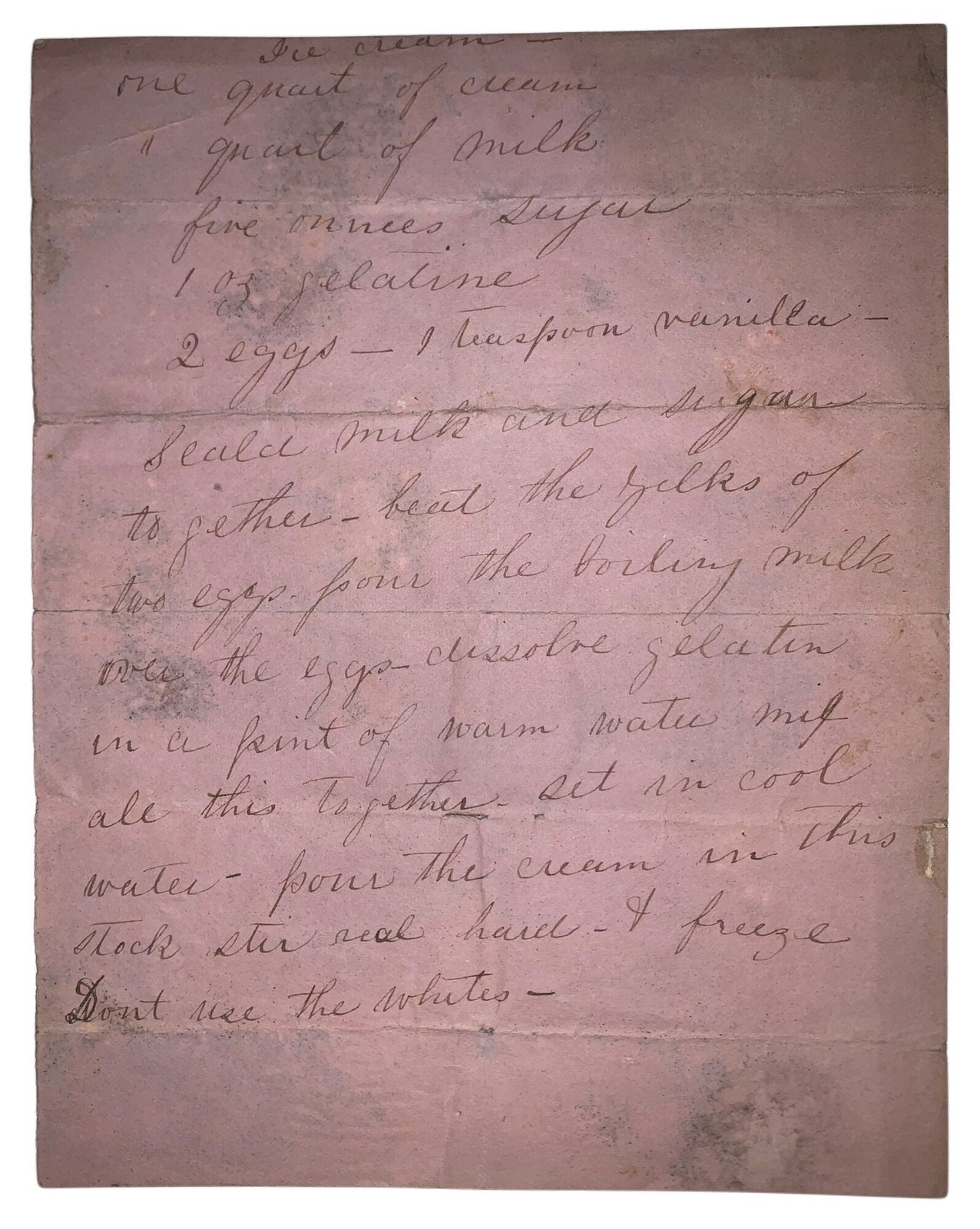 Manuscript Ice Cream Recipe, ca. 1890-1910, Dr. William Woys Weaver Provenance