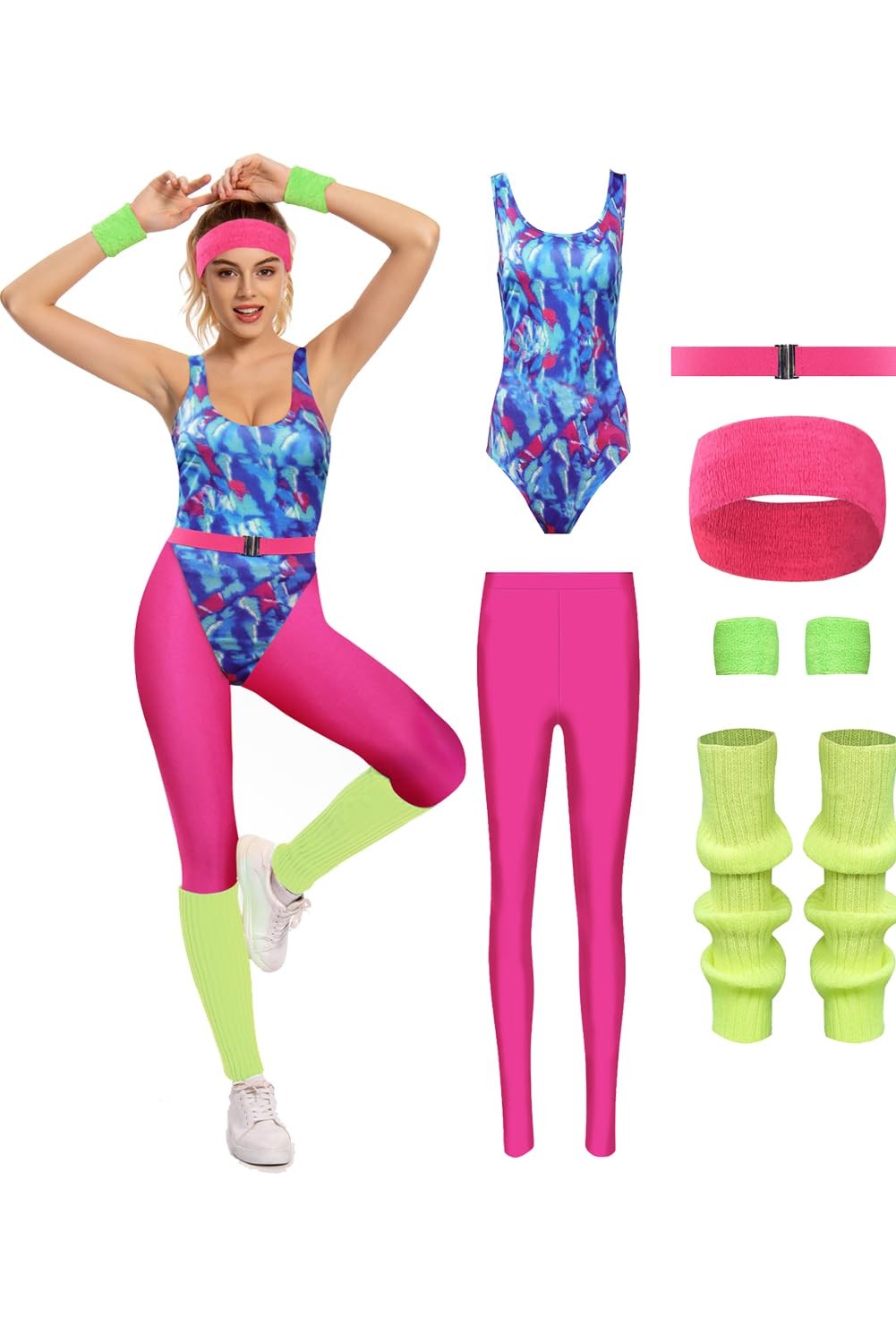 MASSWO 80s Workout Outfit Women 90s Aerobics Costume Retro Yoga Small, Pink MASSWO 80s Workout Outfit Women 90s Aerobics Costume Retro Yoga Small, Pink