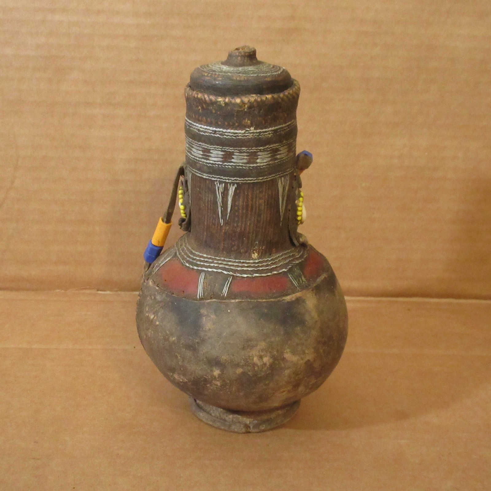 Antique Vtg Traditional MAASAI Milk Gourd Hand Made Leather Beads Cowrie 9\ Antique Vtg Traditional MAASAI Milk Gourd Hand Made Leather Beads Cowrie 9\