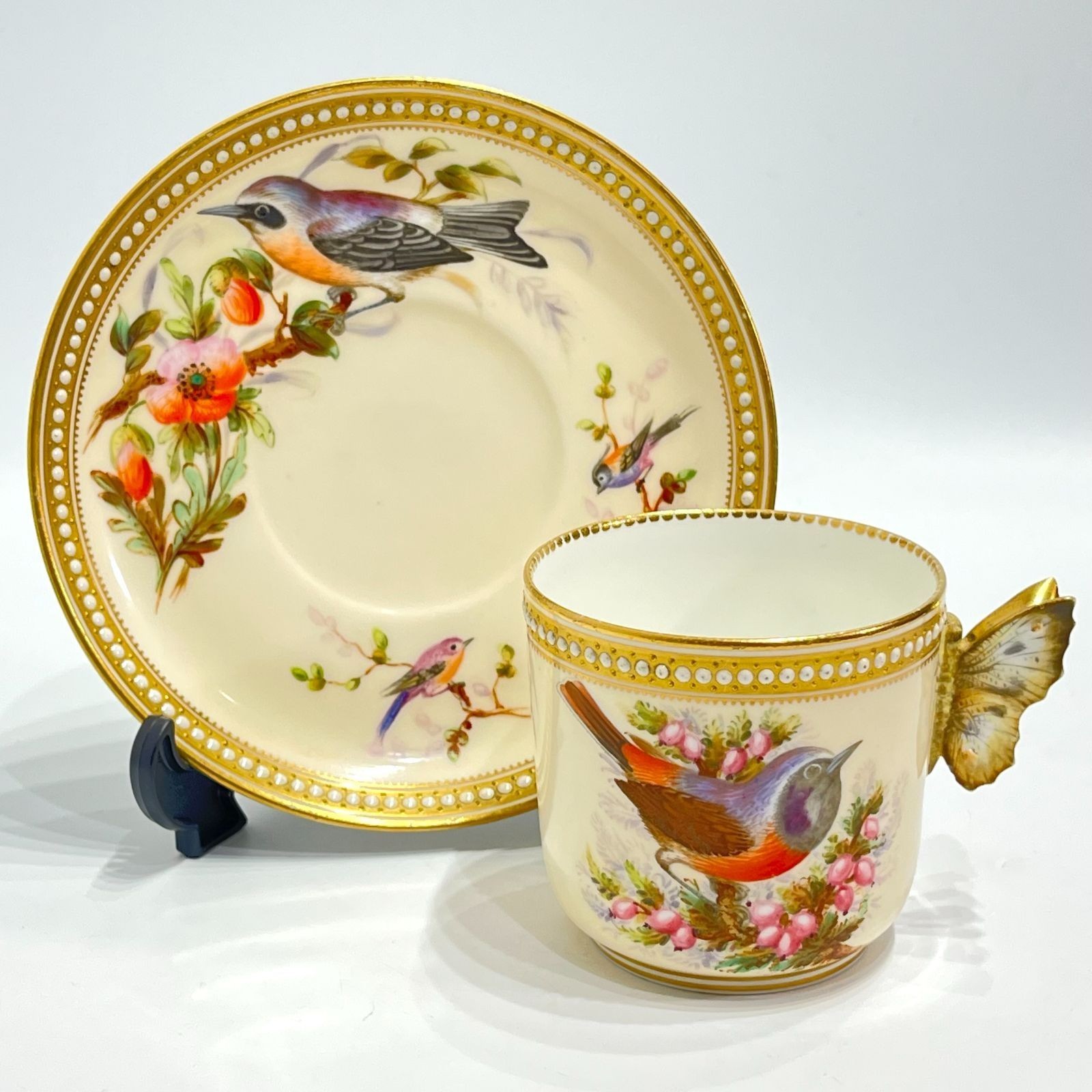 1875 Antique Royal Worcester Butterfly handle coffee cup and saucer