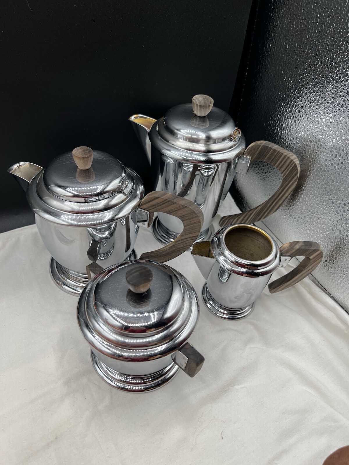 Vintage Art Deco Style Metal & Wood Tea / Coffee Service - 4 Piece Set