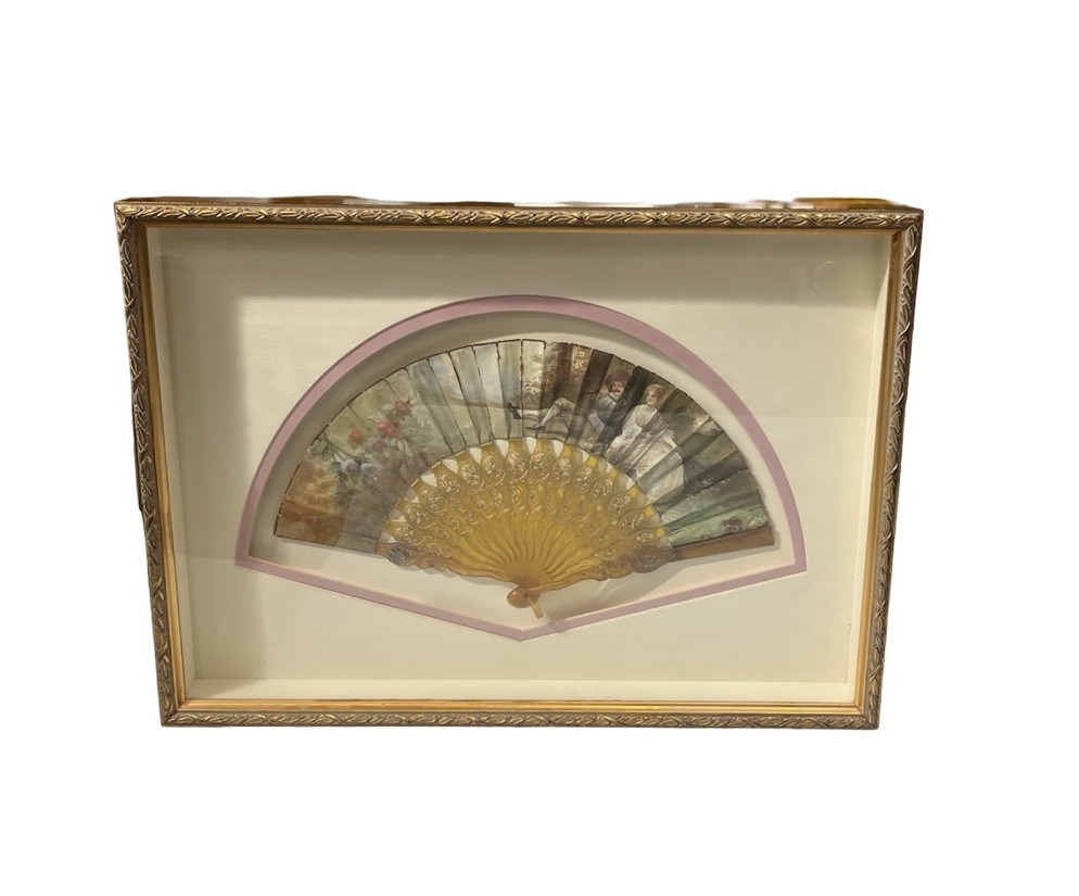 Antique Hand Painted Fan Courting Scene Framed Shadow Box c1890s Gilt Rococo Art