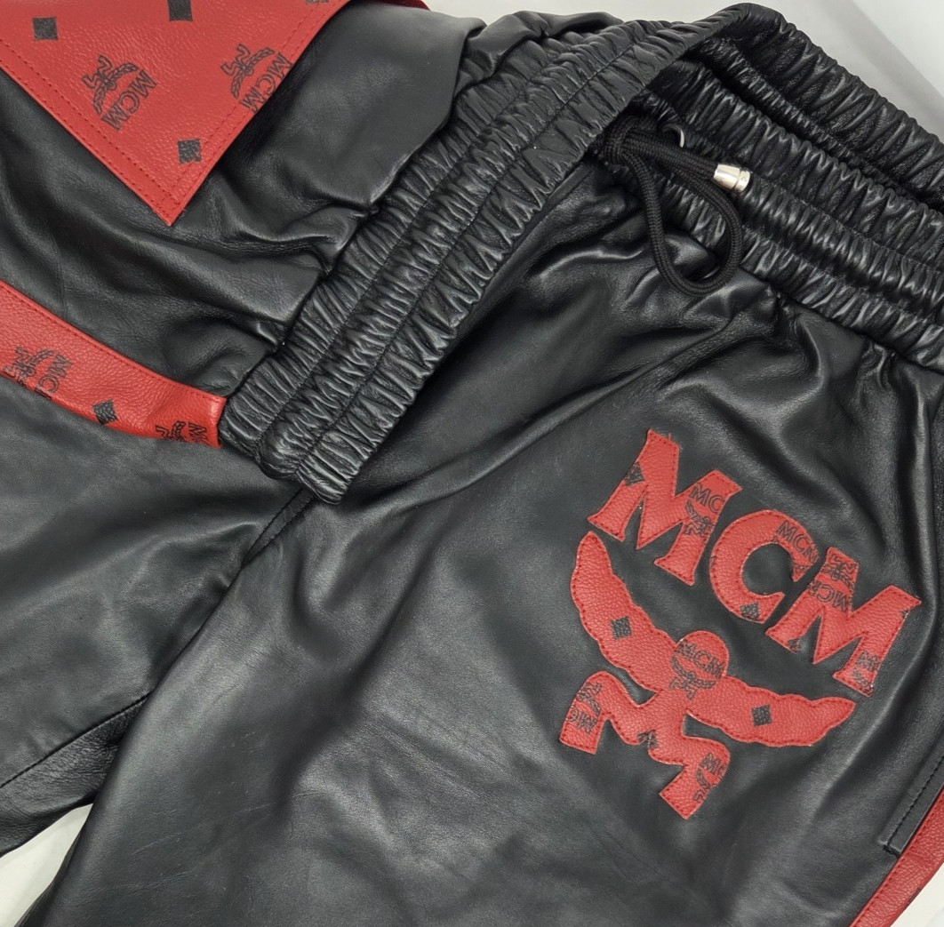 MCM Monogram Premium Leather Jogger Pants Black & Red Men\'s Size 2XL Luxury