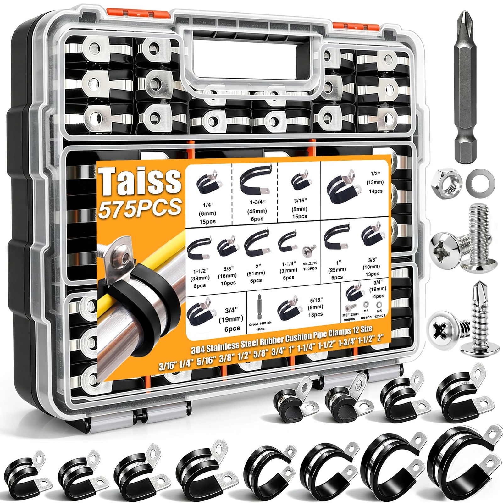 575PCS Stainless Steel Rubber Cushion P Clamps Assortment Kit 12 Sizes