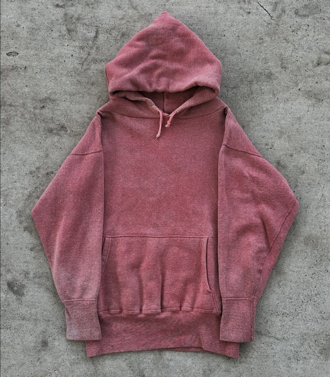 Vintage 50s 60s Faded Red Pullover Hoodie Double Face Hood & Overlock Stitch 