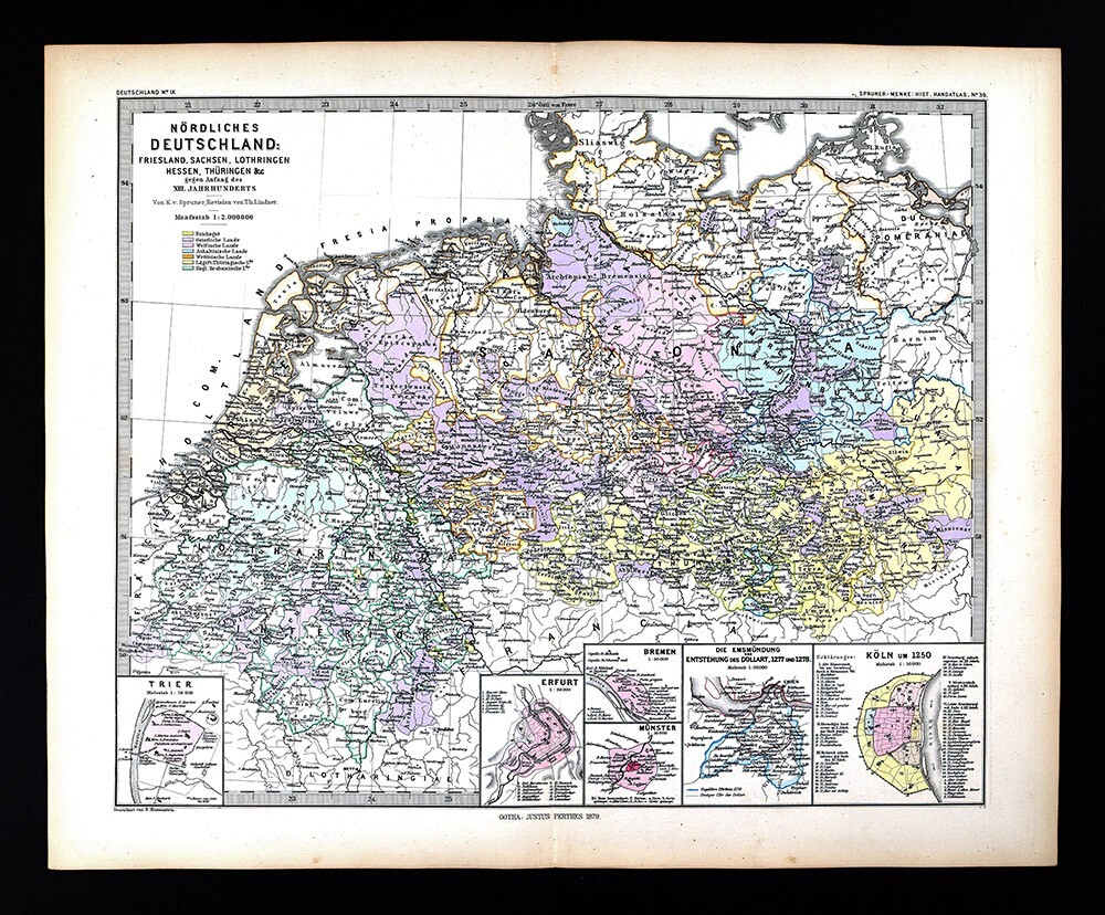 1880 Spruner Map 13th Century Germany Friesland Sachsen Hessen Trier Erfurt Koln