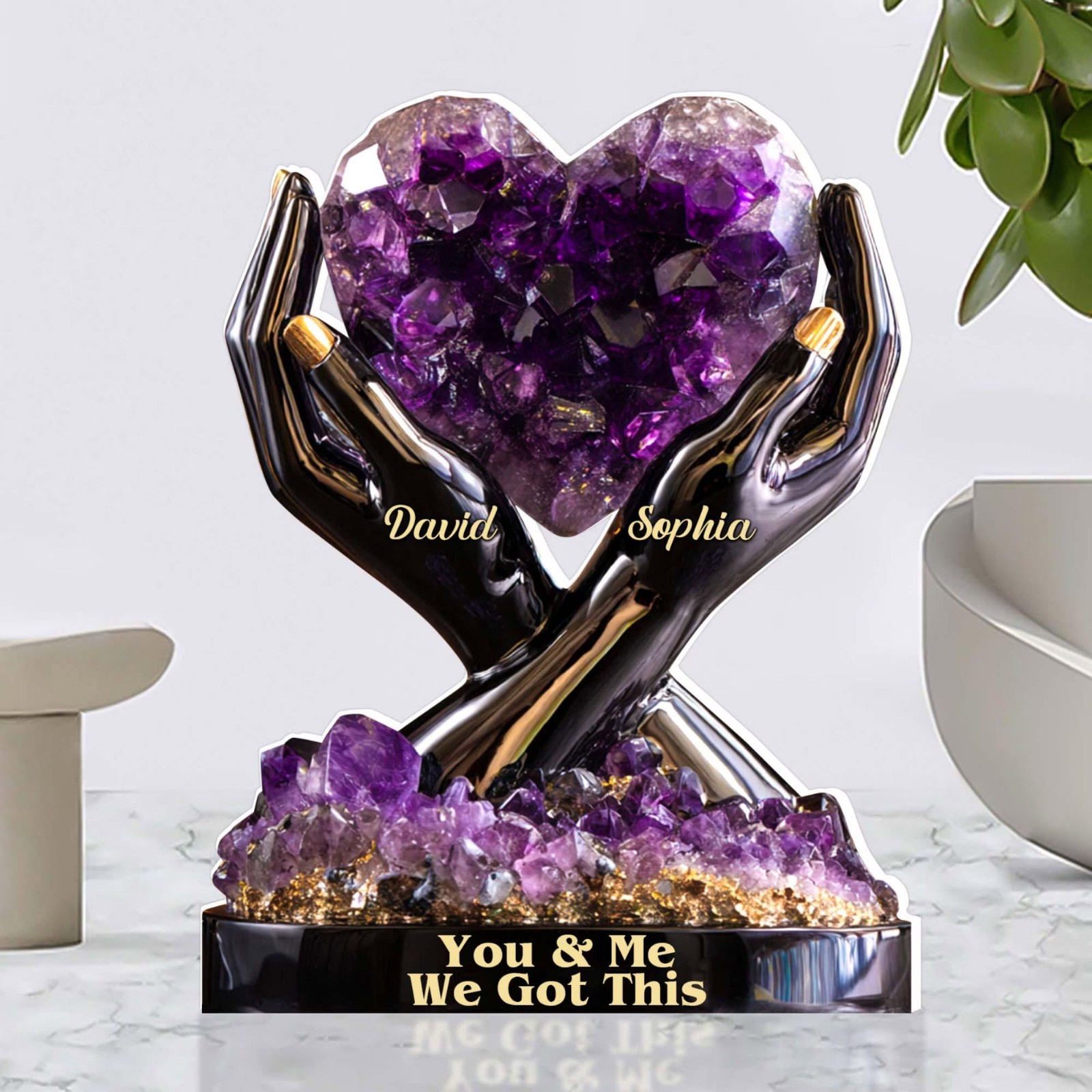 Personalized Amethyst Heart Acrylic Block Hands Holding Crystal Couple Gift Deco
