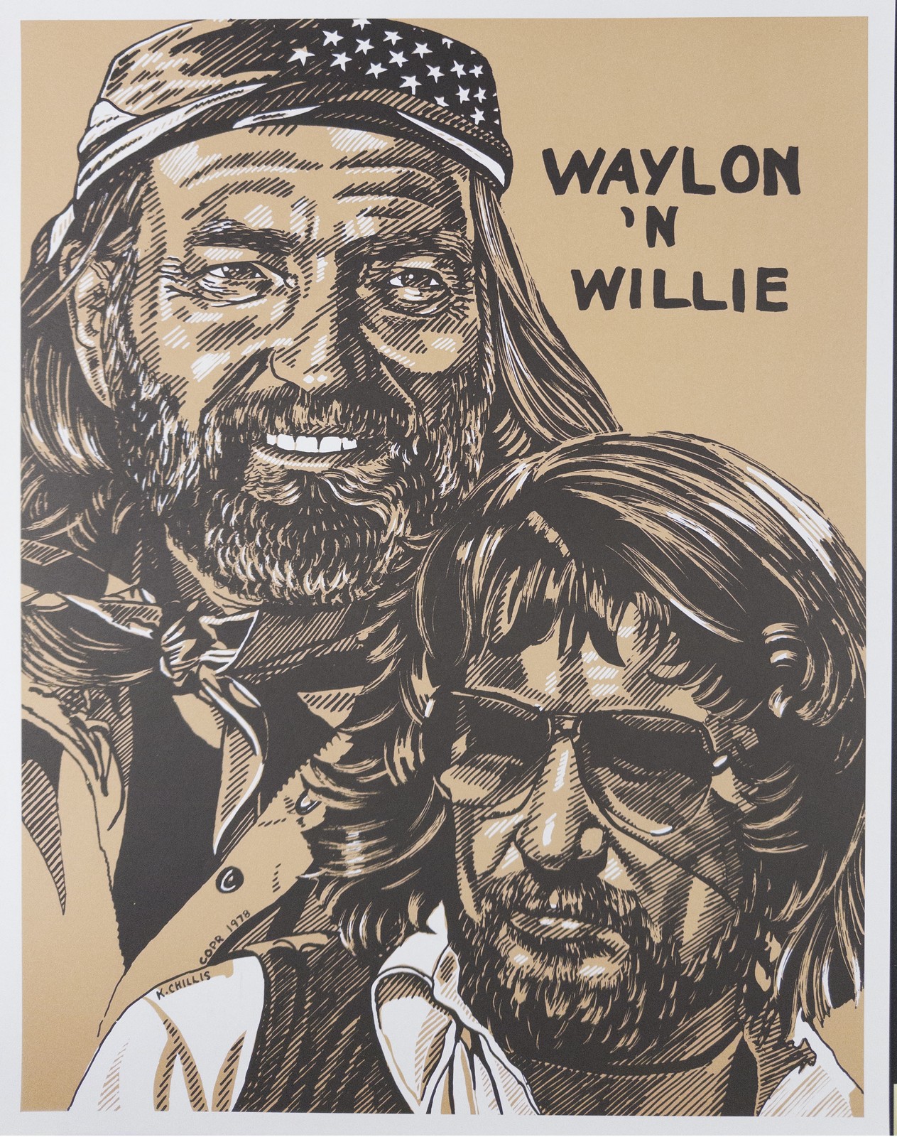 Pristine vintage Waylon and Willie lithograph by K. Chillis 1978 • MINT • RARE