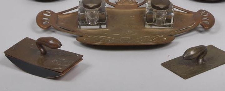 Antique German Bronze  (5) piece Desk Set Tray w/ 2 Glass Inkwell 2 blotters *