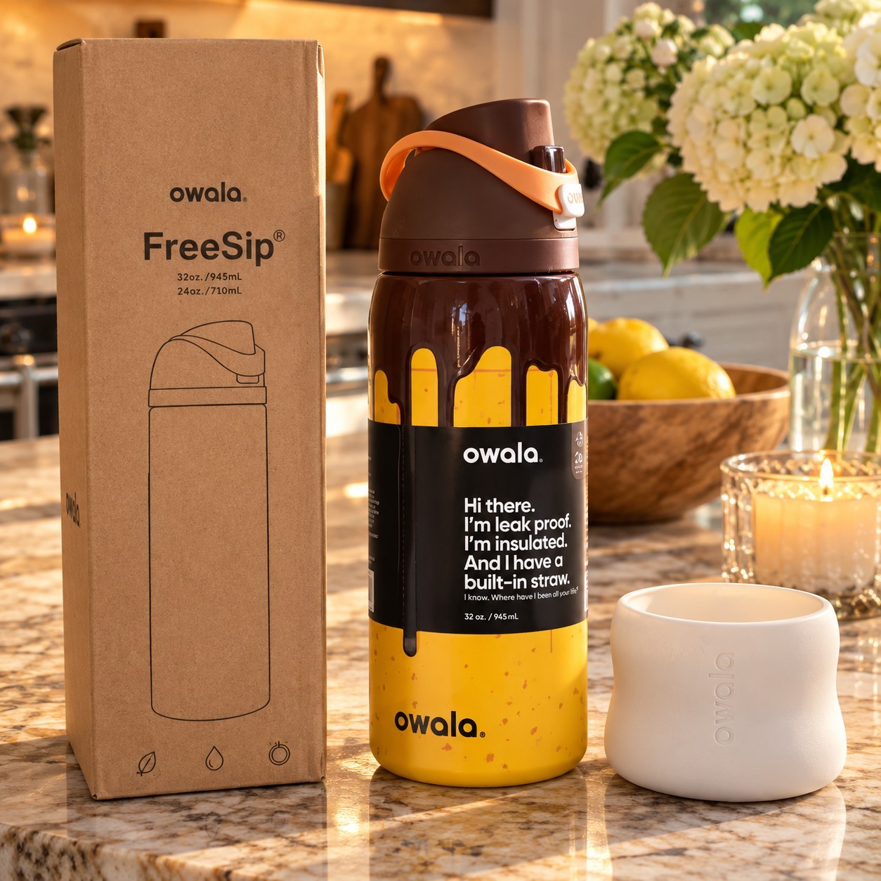 Owala Gimme S’more 32 oz FreeSip Water Bottle Color Drop w/ Marshmallow Boot