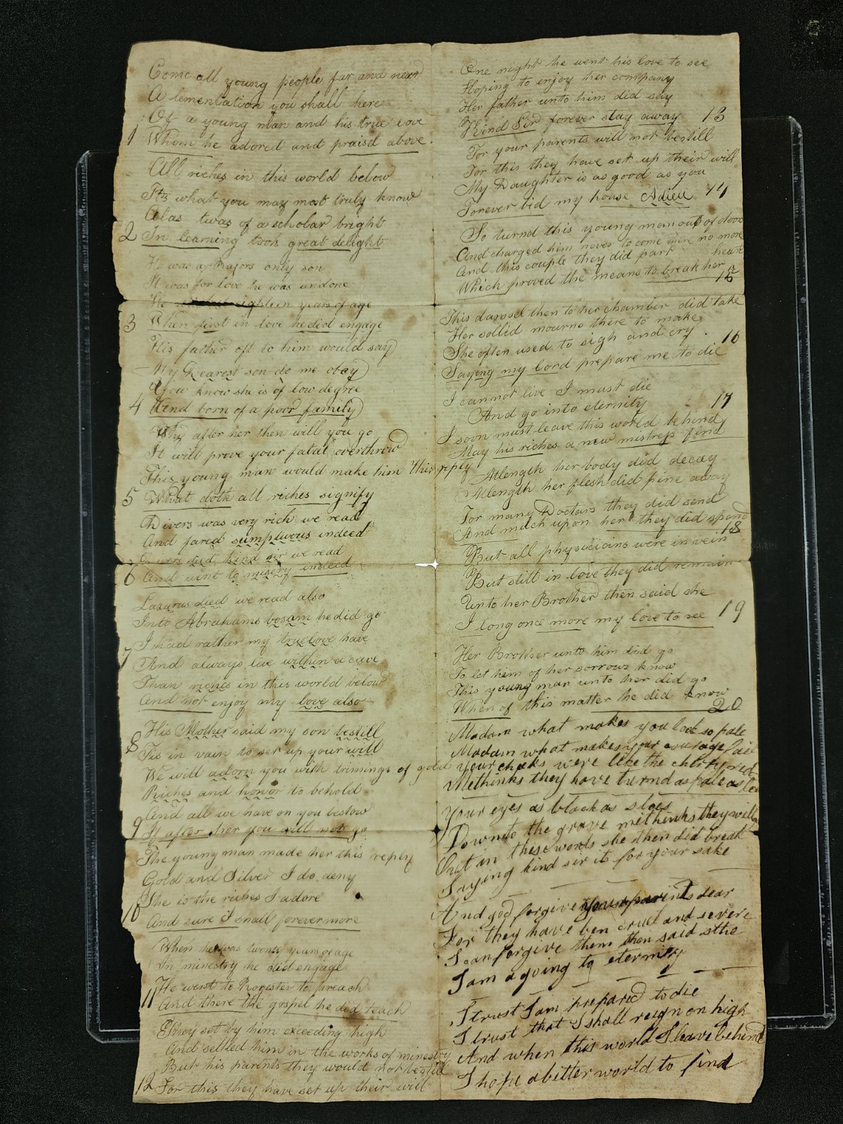 c.1780s Manuscript Ballad Broadside “The Major’s Only Son” Forbidden Love