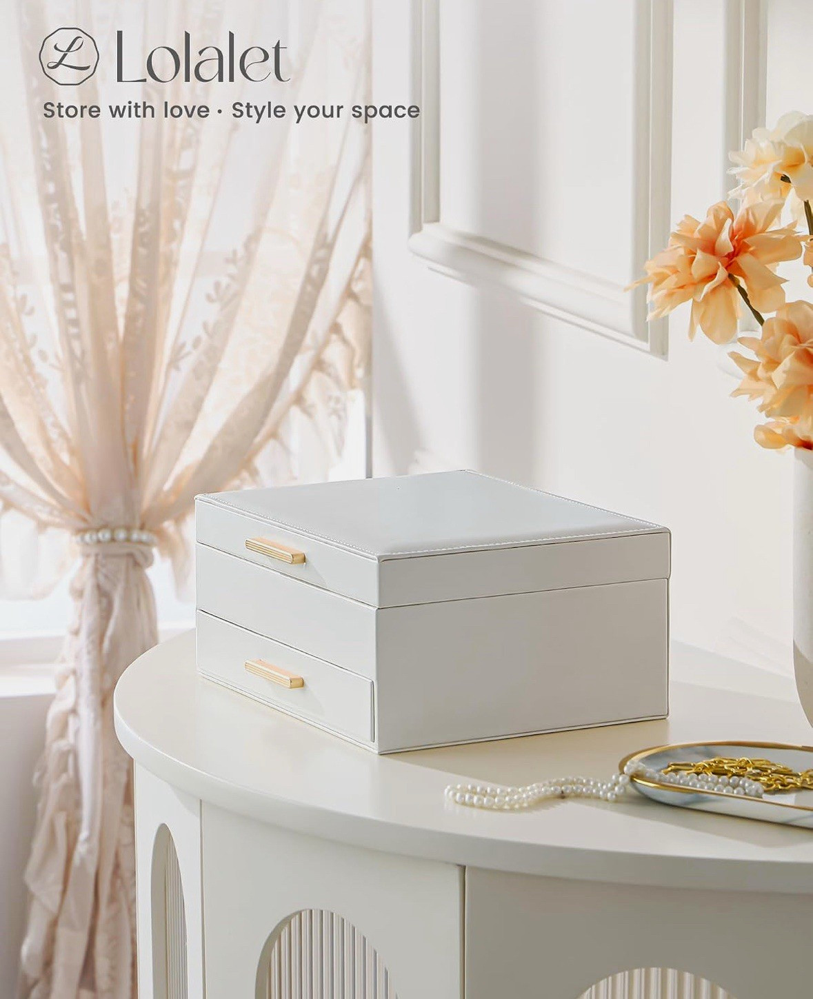 Lolalet White Faux Leather Velvet-Lined Jewelry Box w/ Drawer Ring/Watch