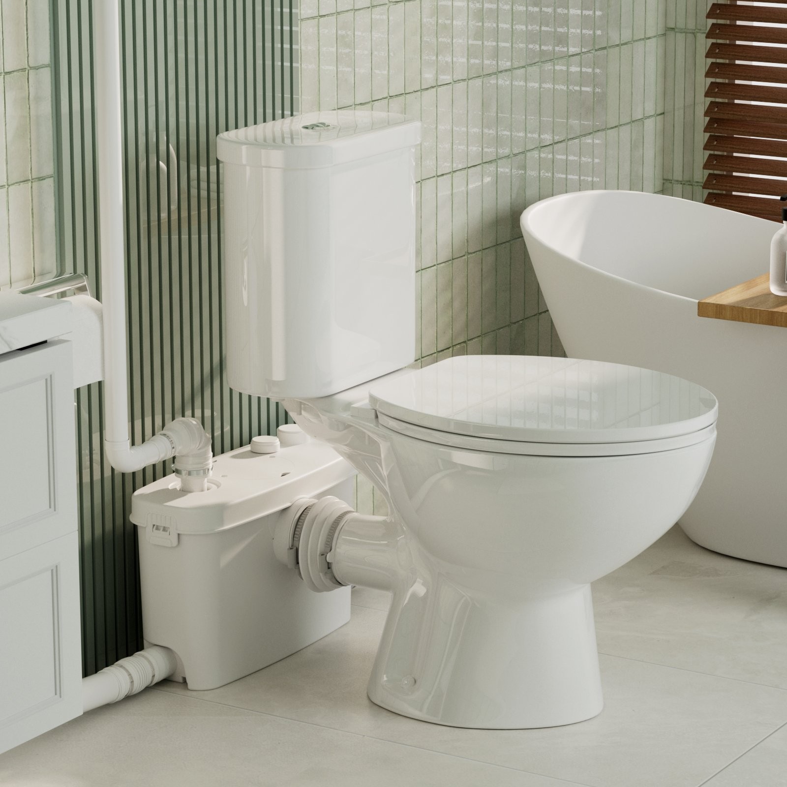 500W Macerating Toilet With 4 Water Inlet Two-piece Upflush Toilet for Basement