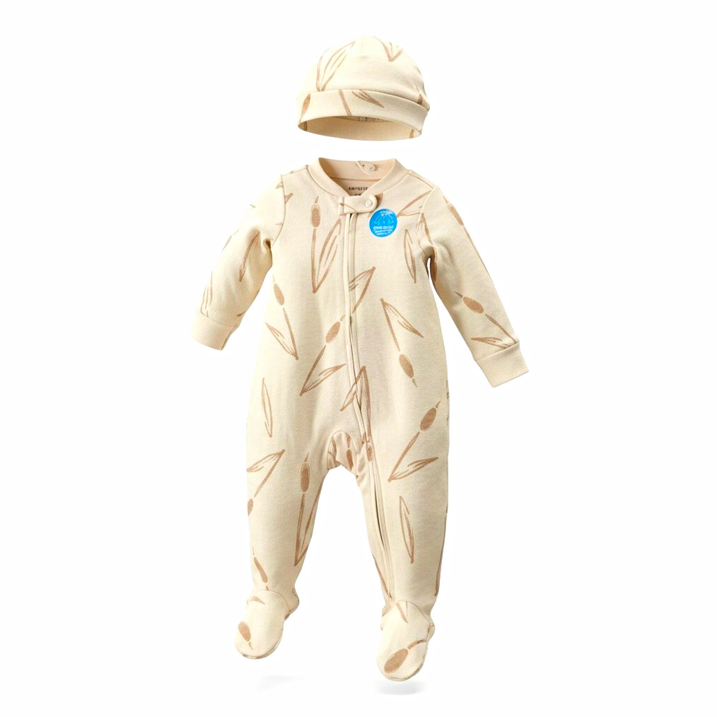 Carter's 2-Way Zip Footed Sleeper & Hat Leaf Beige White 3-6M NWT