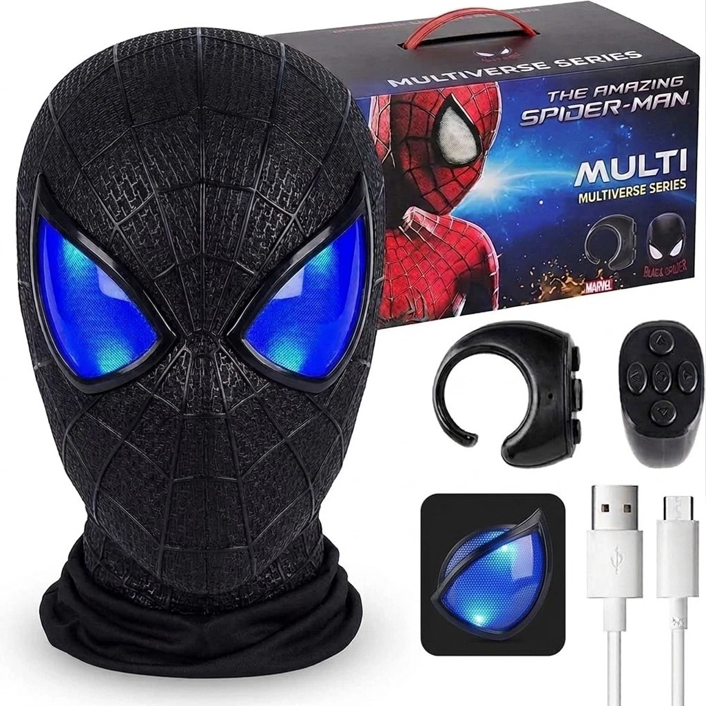 Black Suit Amazing Spider-Man Mask LED Light Moving Eyes Remote Control Cosplay