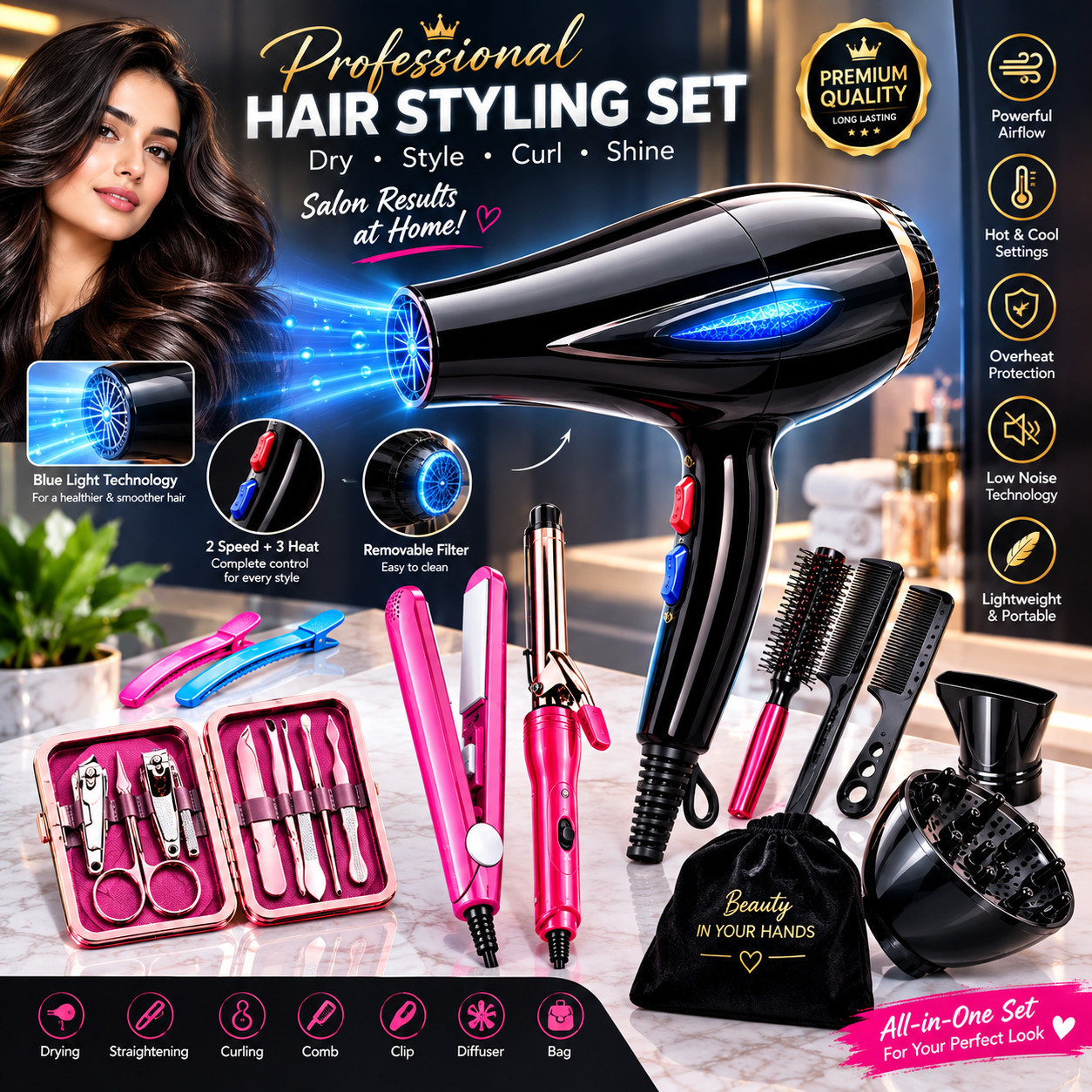 Professional Hair Dryer with Diffuser&Comb Attachments, Blow Dryer for Women&men