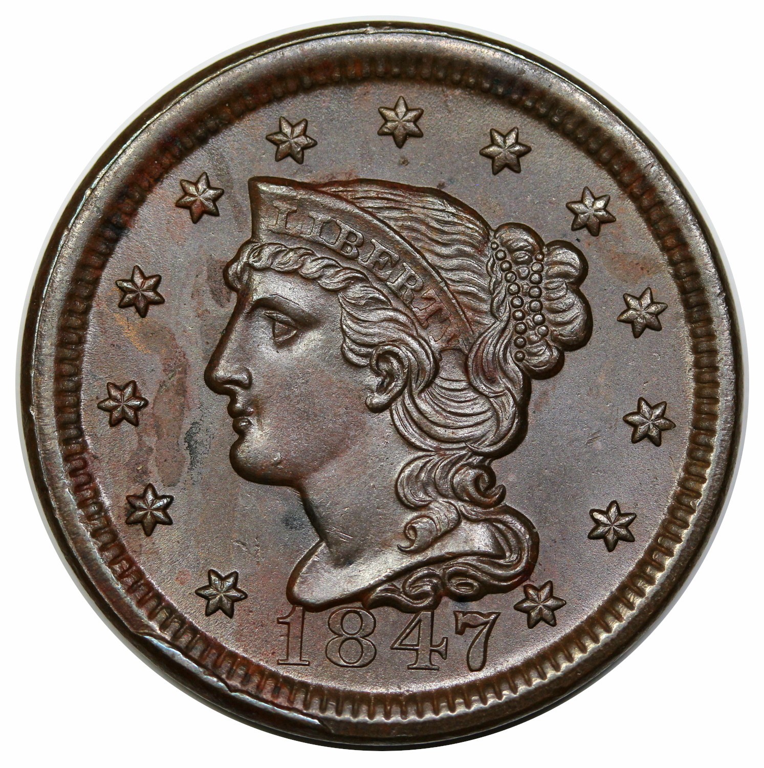 1847 Braided Hair Large Cent, N-7, rare LDS (c), obverse cuds 1847 Braided Hair Large Cent, N-7, rare LDS (c), obverse cuds