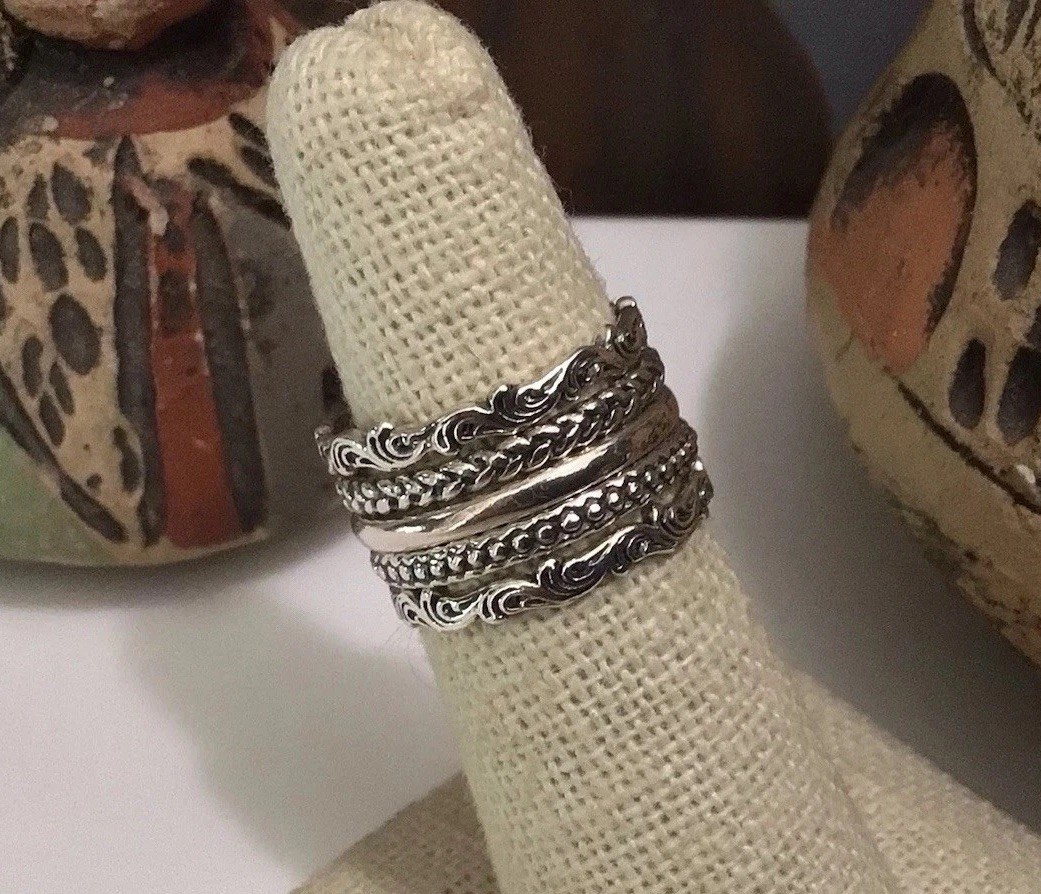 PZ Israel 925 Sterling Silver Set Of 5 Thin Ornate Stacking Band Rings Sz 6 NEW
