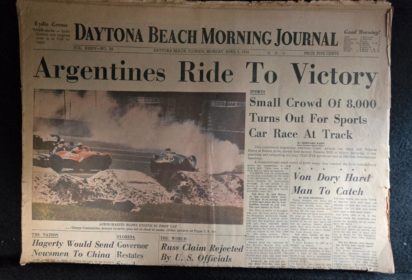 1959 Daytona Speedway First Season Original Newspaper Argentines Ride To Victory