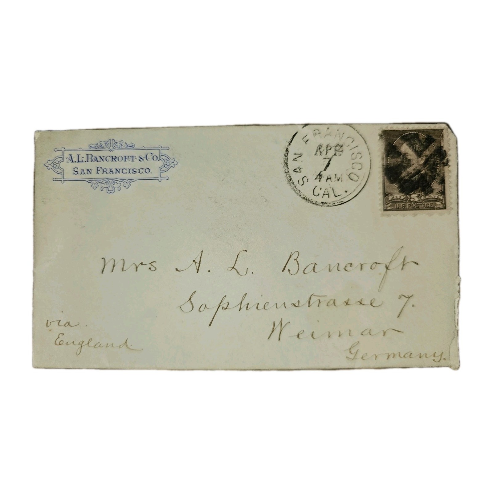 1870s San Francisco to Weimar Germany Cover – A.L. Bancroft & Co., 5¢ Taylor