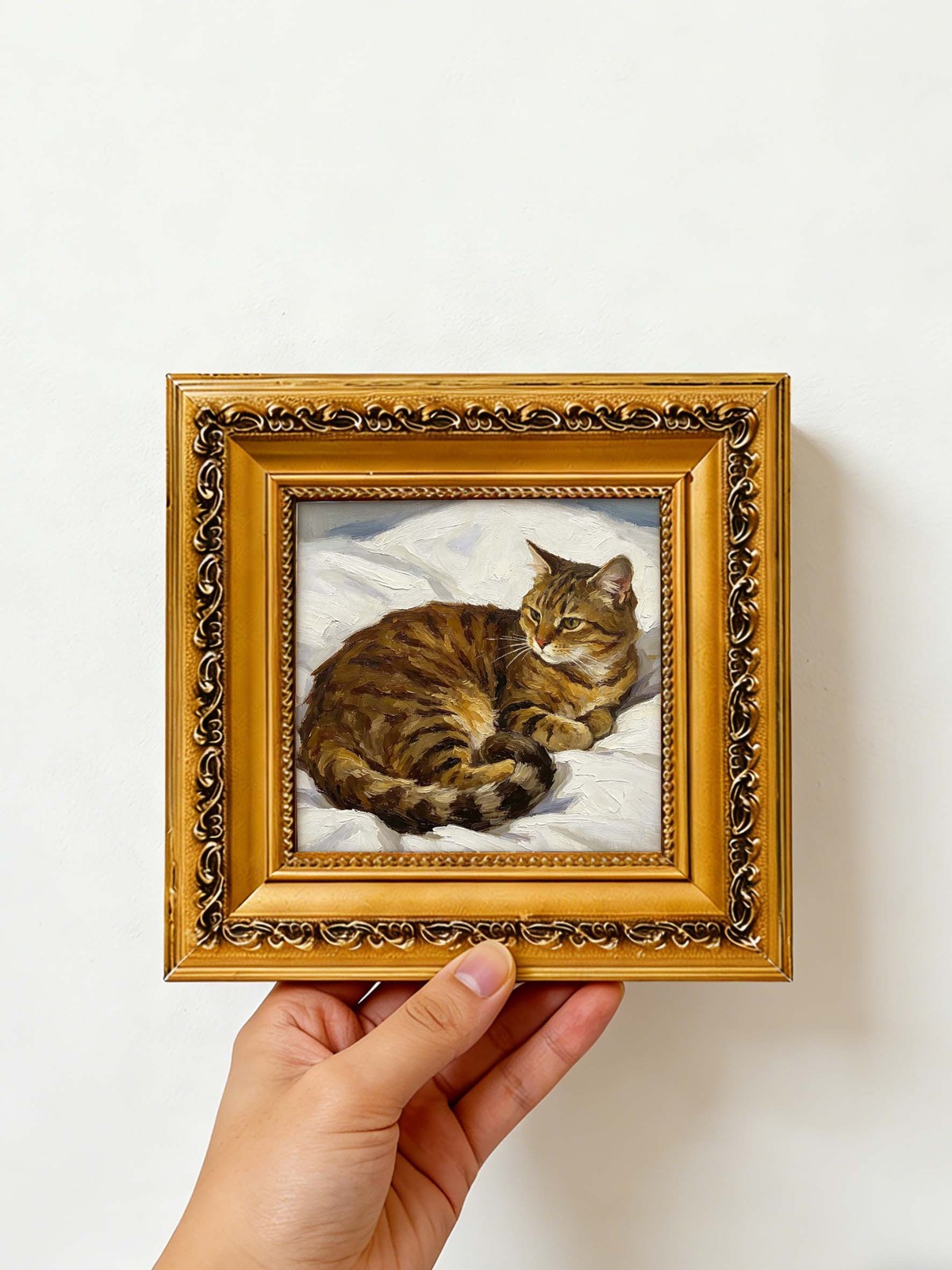 Fluffy Tabby Cat Resting Soft Linen,Custom Oil Painting from photo ,Size 4\