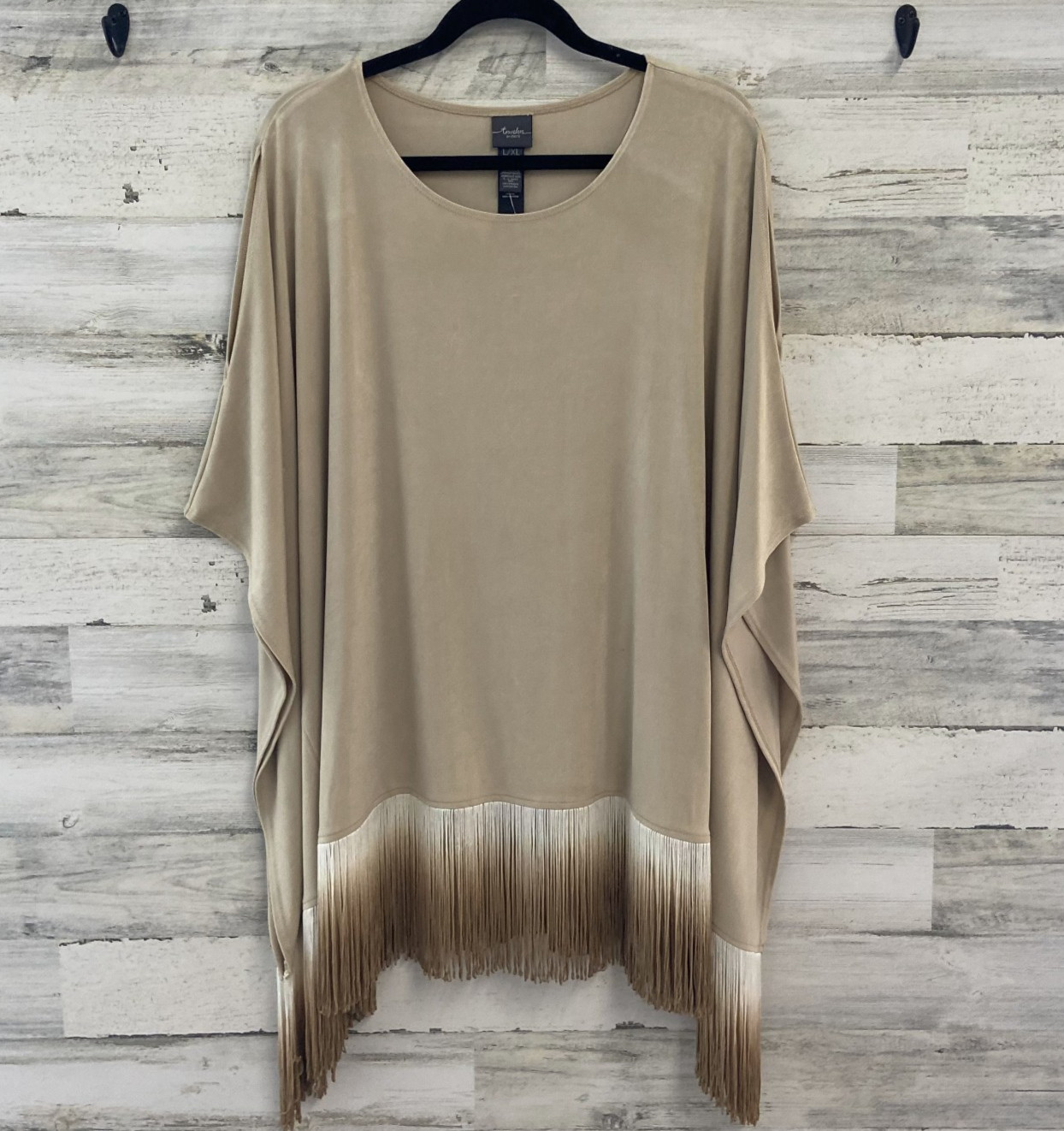 Chicos Travelers Fringe Poncho Top Womens Canella Tan Blouse Boho L XL NWT