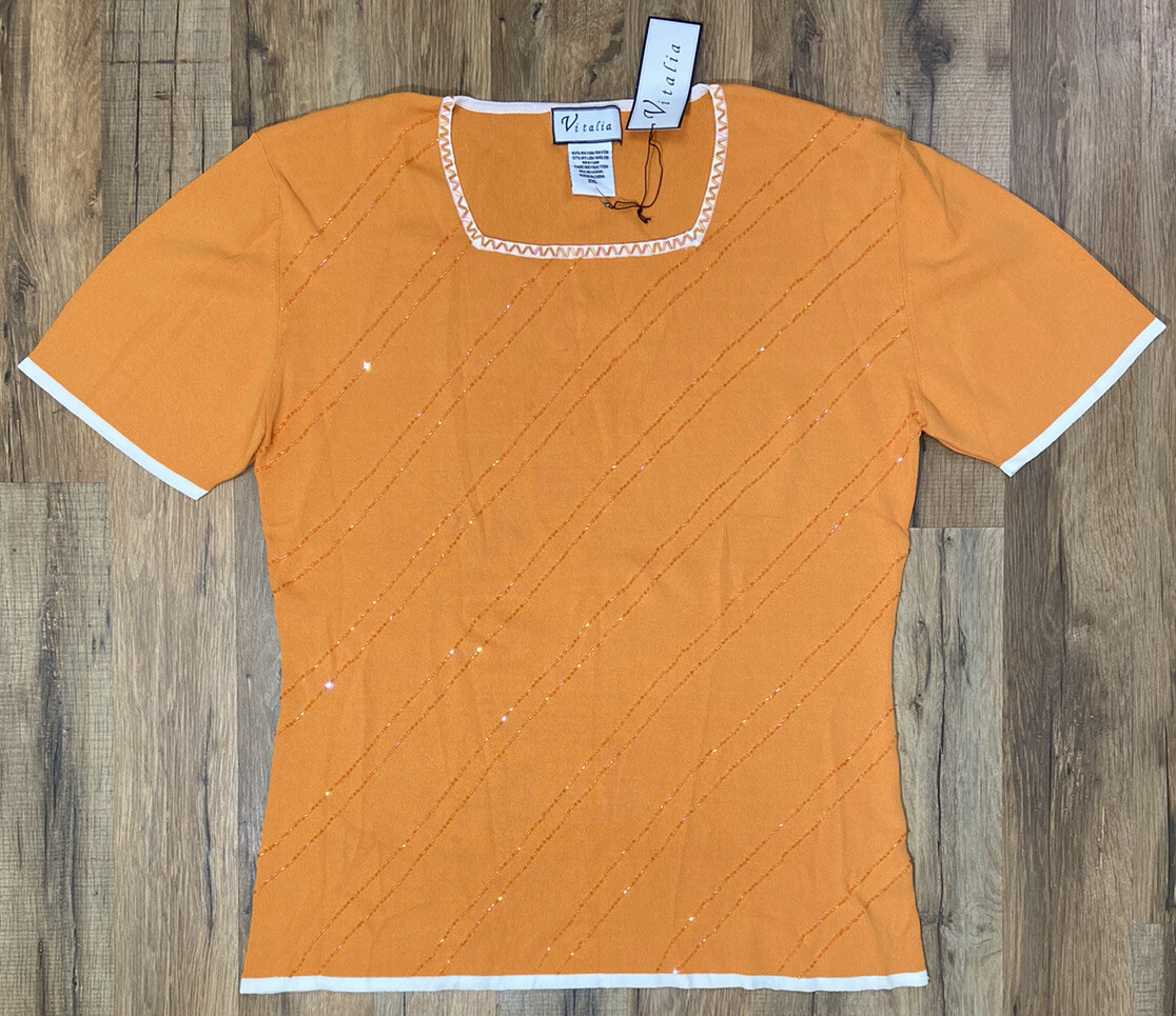 Vitalia Orange Beaded Knit Short Sleeve Top Size 2xl NWT Blouse Square Neck 2x