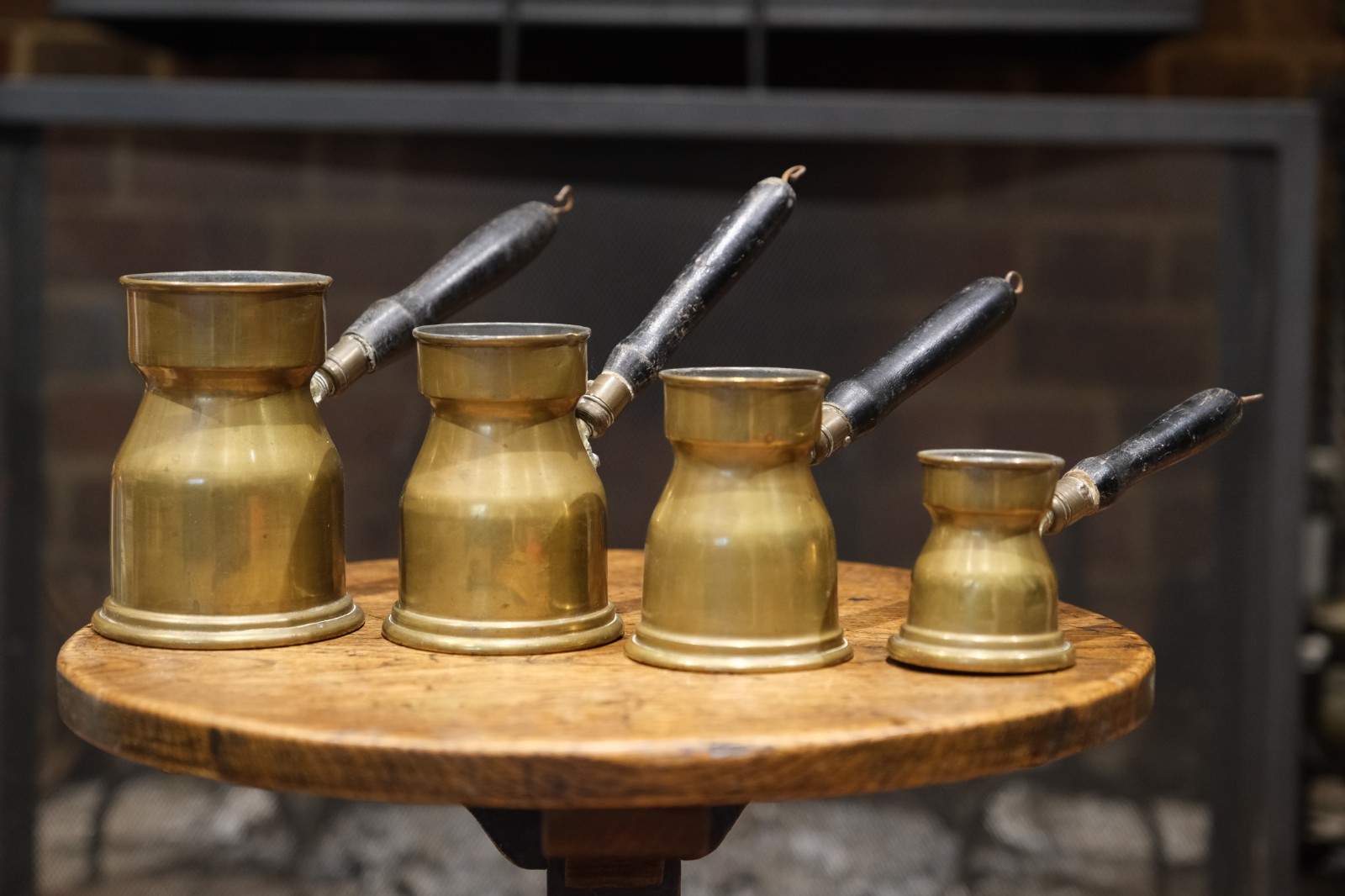 Four Antique 1880–1910 Ottoman Brass Turkish Coffee Pots Cezve Wooden Handles