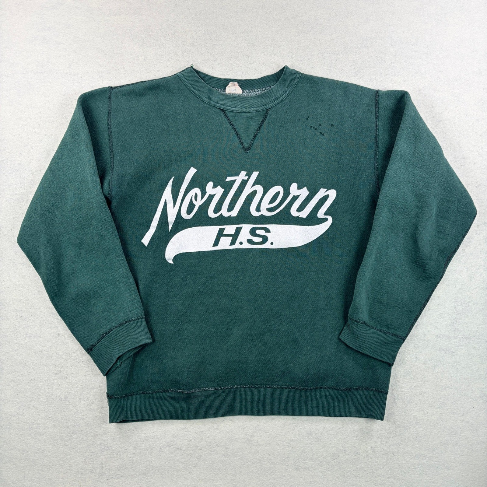 Vintage 50s 60s Northern HS Single V Crewneck Sweatshirt Green Distressed Mens M