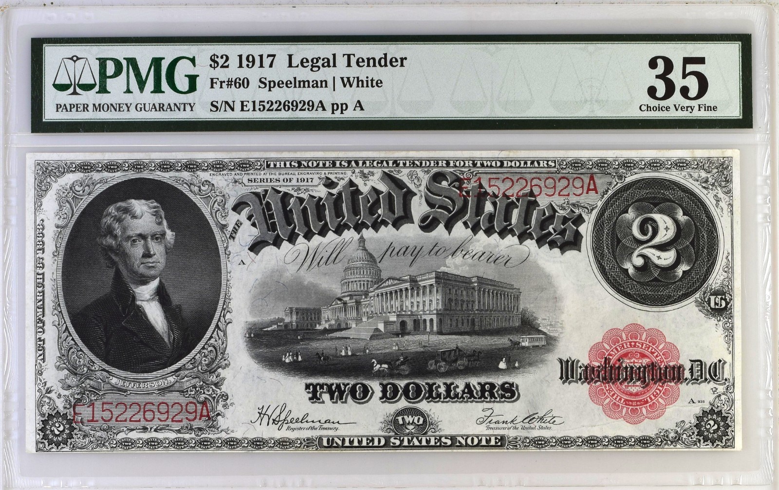 Legal Tender, $2 1917 Large Size Fr# 60 S/N E15226929A PMG 35