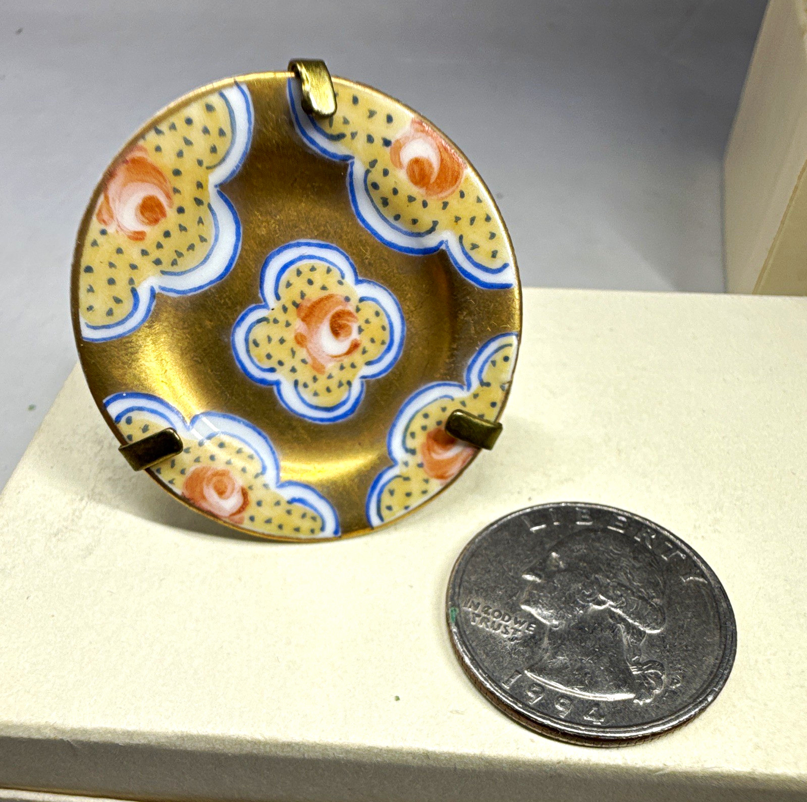 Vintage Limoges Miniature Porcelain Plate Brass Stand Hand Painted Gold Floral Vintage Limoges Miniature Porcelain Plate Brass Stand Hand Painted Gold Floral