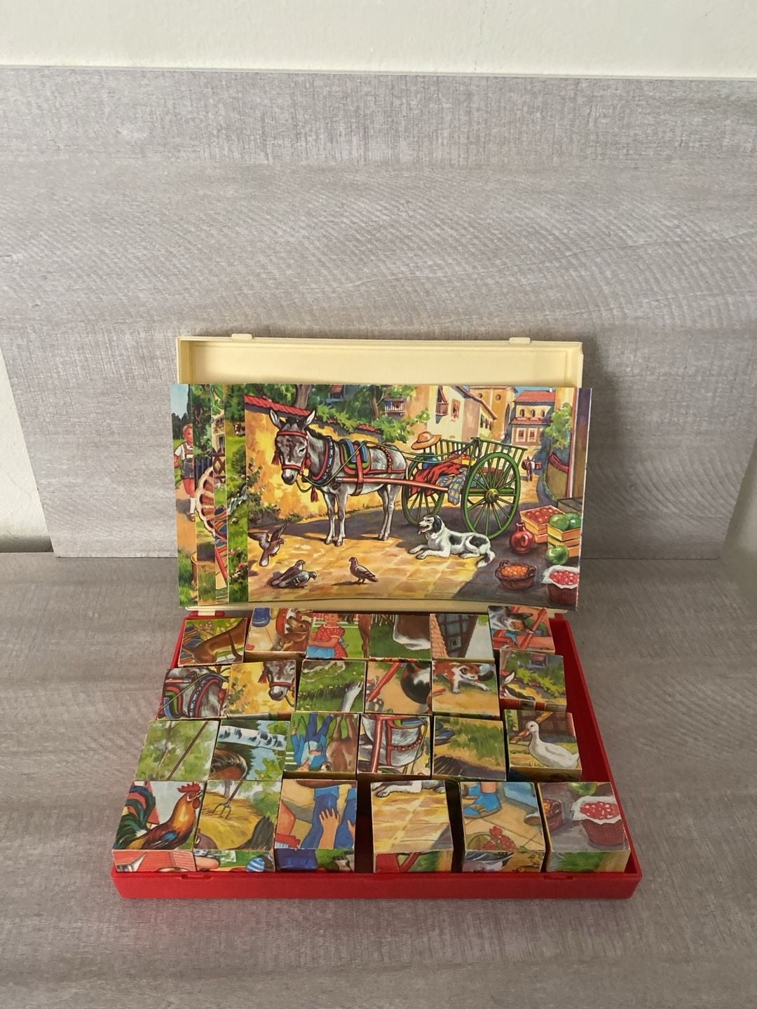 Vintage German Wooden Cube Puzzle Farm Animals Donkey Cart