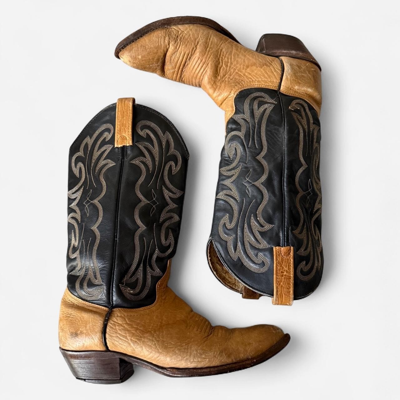 Vintage J. Chisholm two tone tan & black cowboy boots, handcrafted, men\'s 8.5 D Vintage J. Chisholm two tone tan & black cowboy boots, handcrafted, men\'s 8.5 D